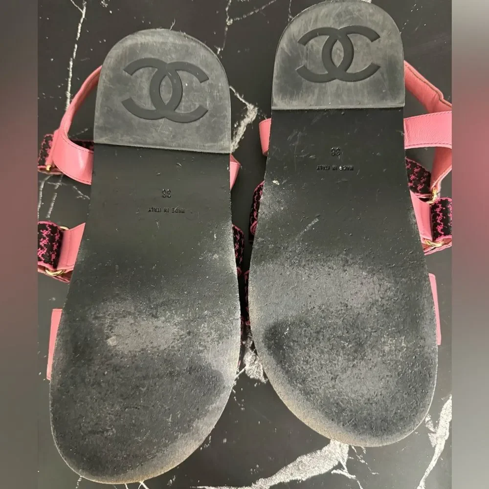 CHANEL Pink Tweed Dad Sandals Rare Colorway Size 38 in ORIGINAL BOX - Picture 11 of 11